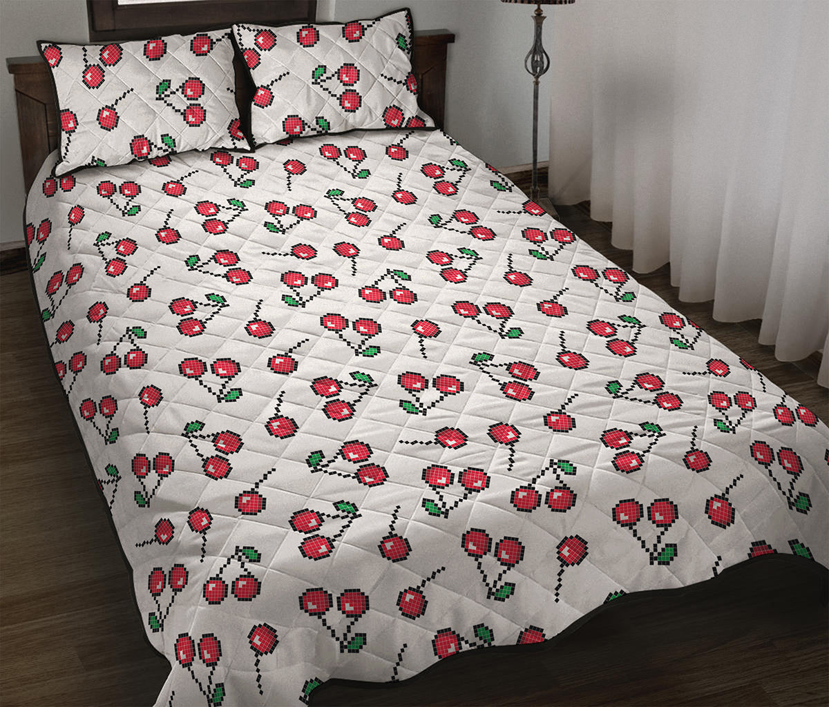 Pixel Cherry Pattern Print Quilt Bed Set