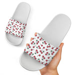 Pixel Cherry Pattern Print White Slide Sandals