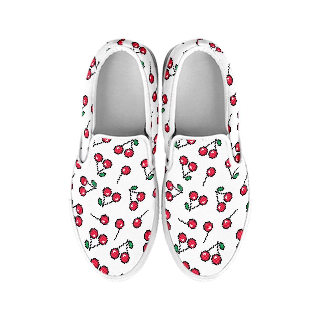 Pixel Cherry Pattern Print White Slip On Shoes