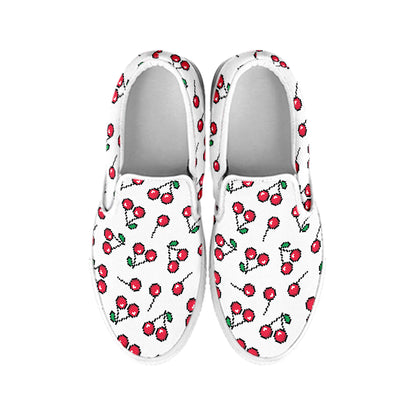 Pixel Cherry Pattern Print White Slip On Shoes