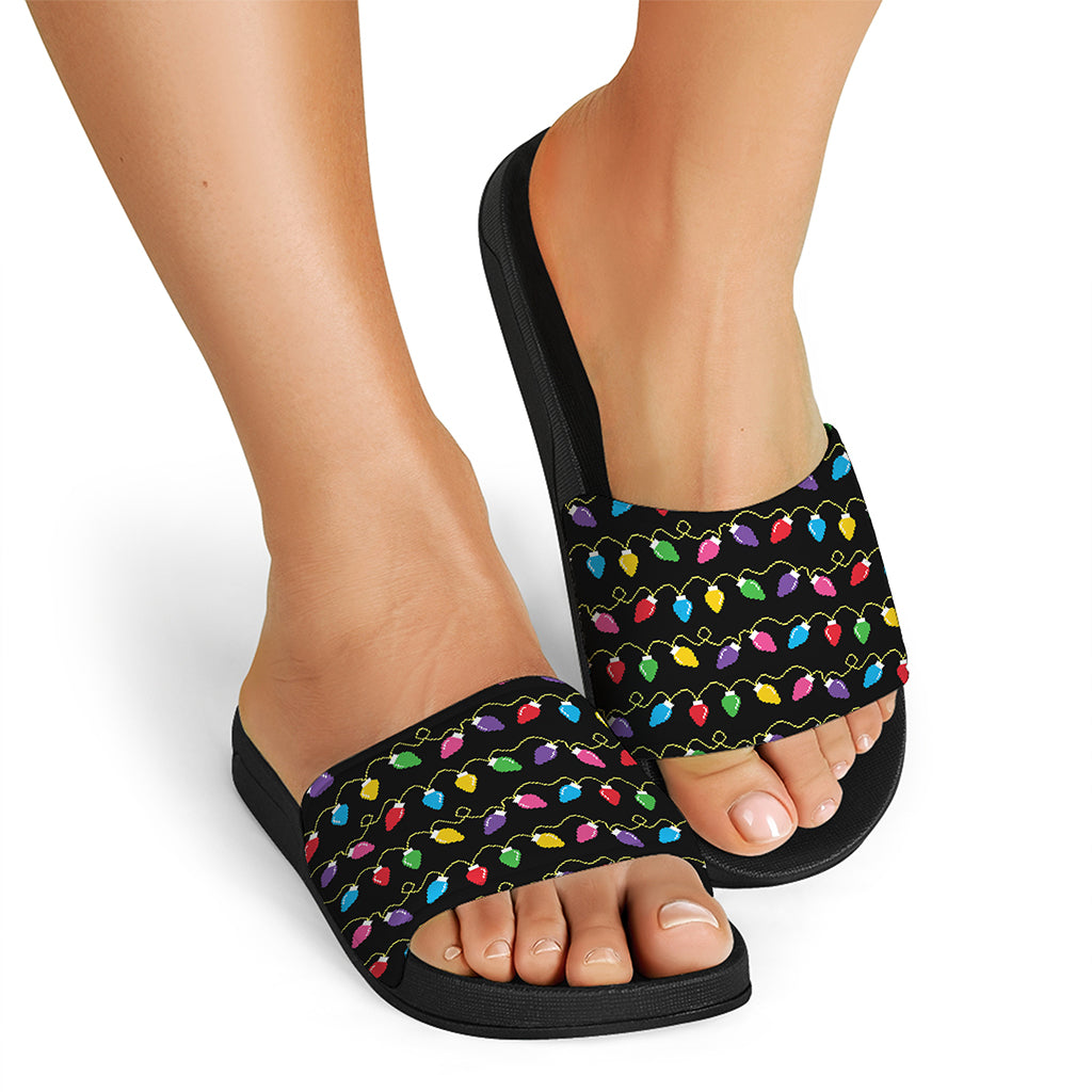 Pixel Christmas Lights Print Black Slide Sandals