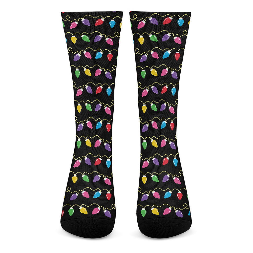 Pixel Christmas Lights Print Crew Socks