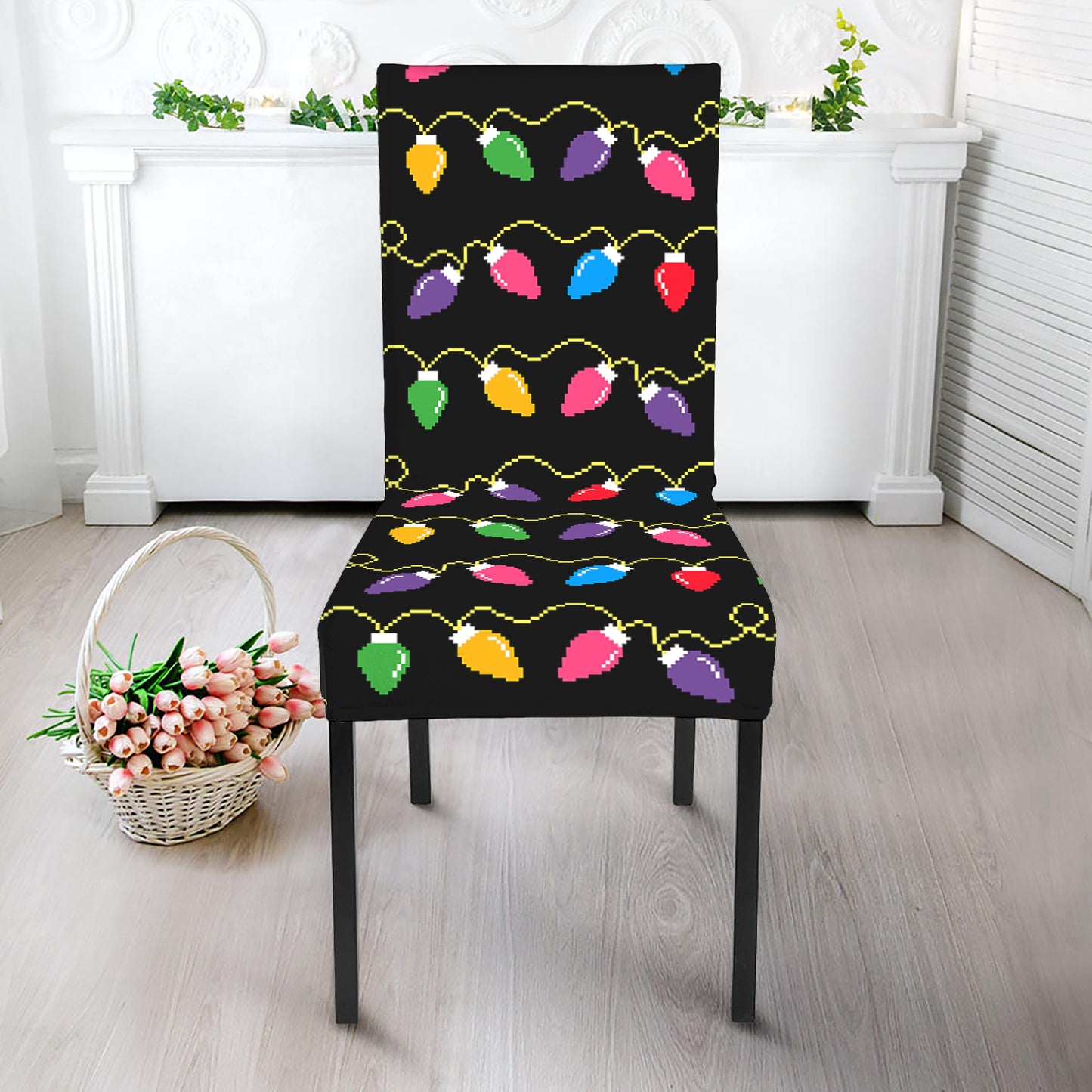 Pixel Christmas Lights Print Dining Chair Slipcover