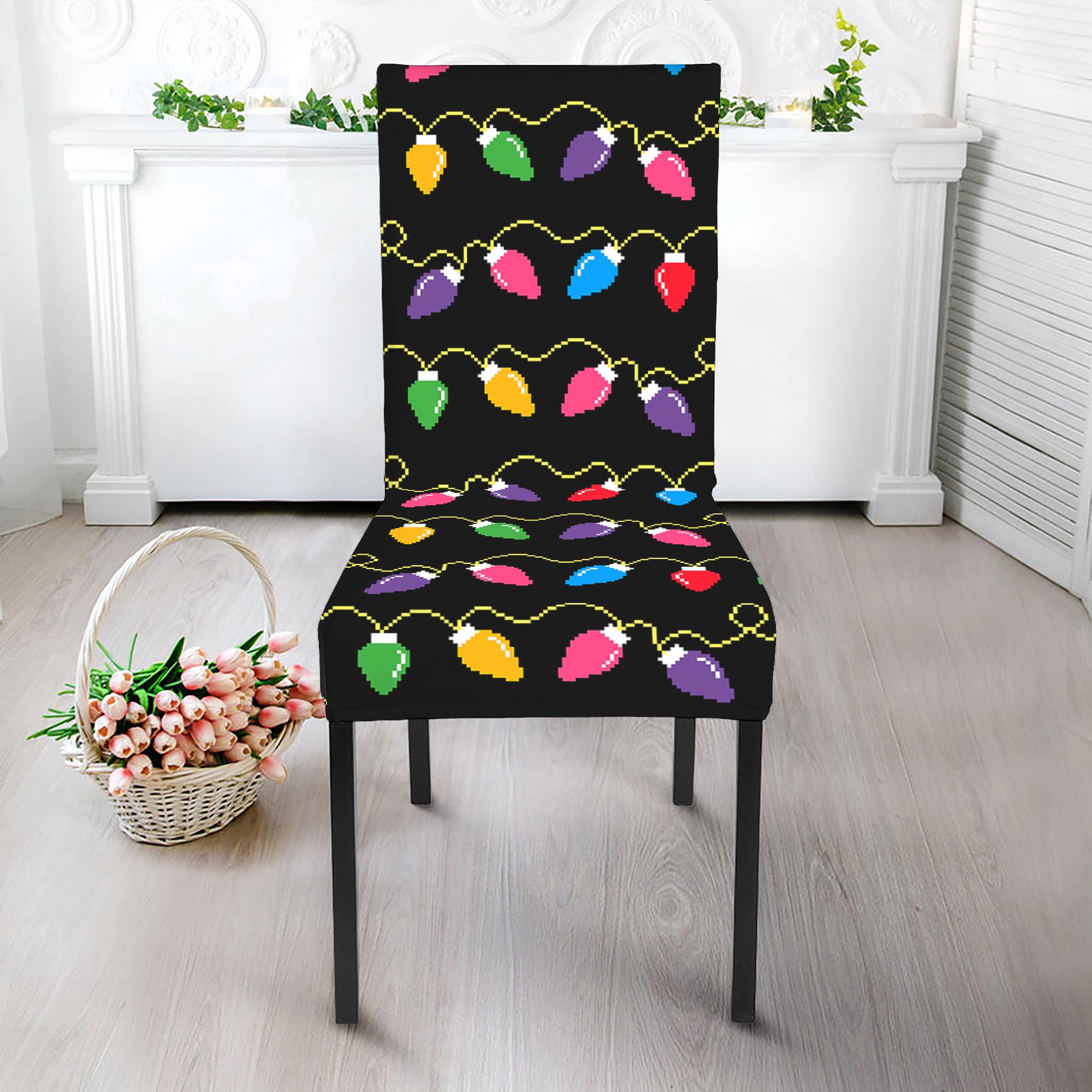 Pixel Christmas Lights Print Dining Chair Slipcover