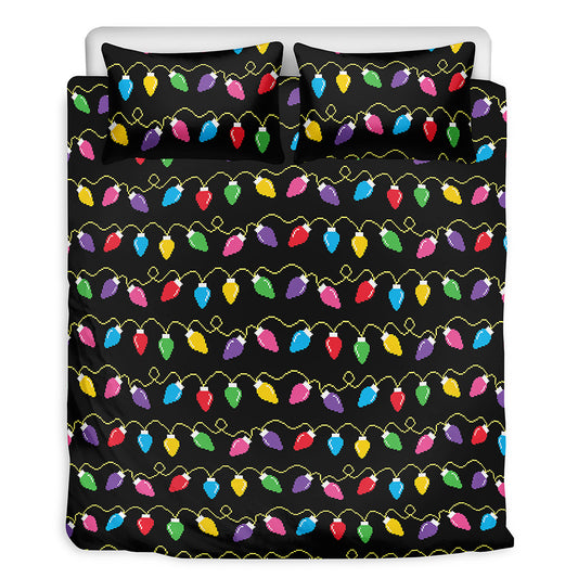 Pixel Christmas Lights Print Duvet Cover Bedding Set