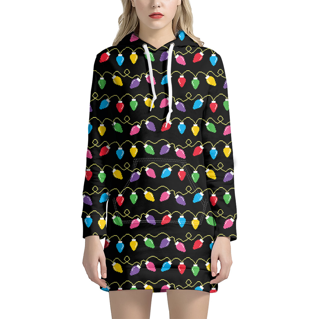 Pixel Christmas Lights Print Hoodie Dress