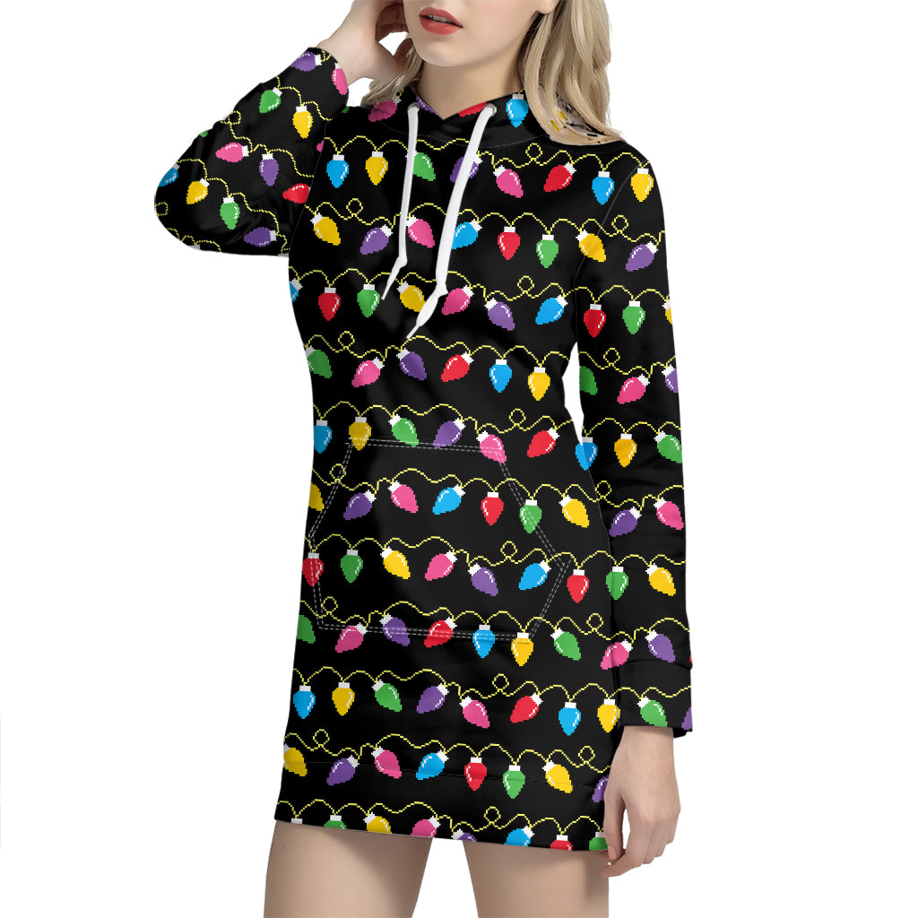 Pixel Christmas Lights Print Hoodie Dress