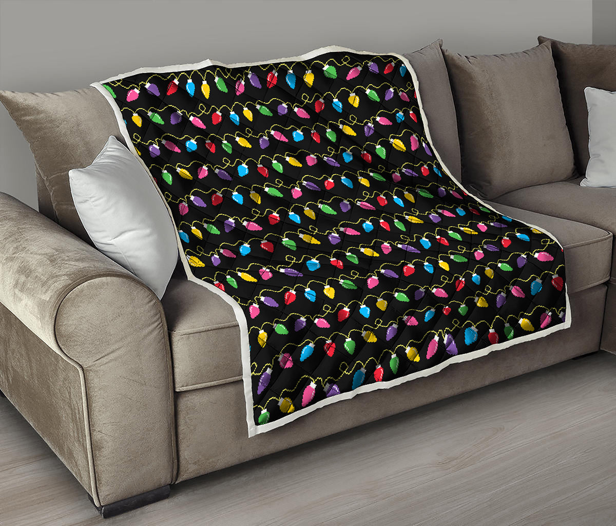 Pixel Christmas Lights Print Quilt