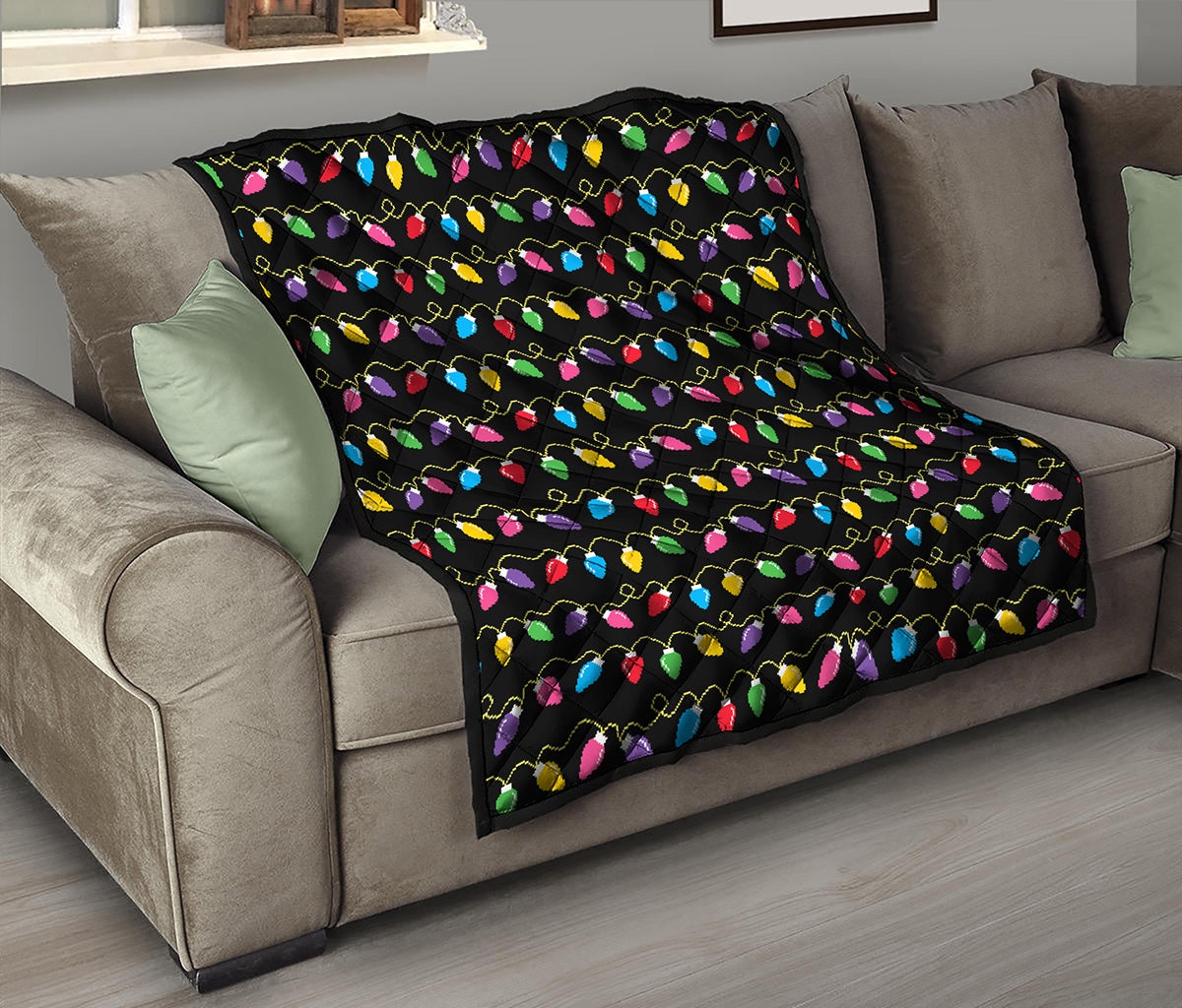Pixel Christmas Lights Print Quilt