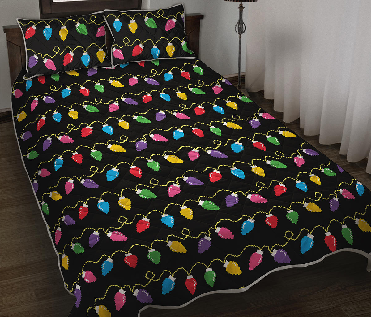 Pixel Christmas Lights Print Quilt Bed Set