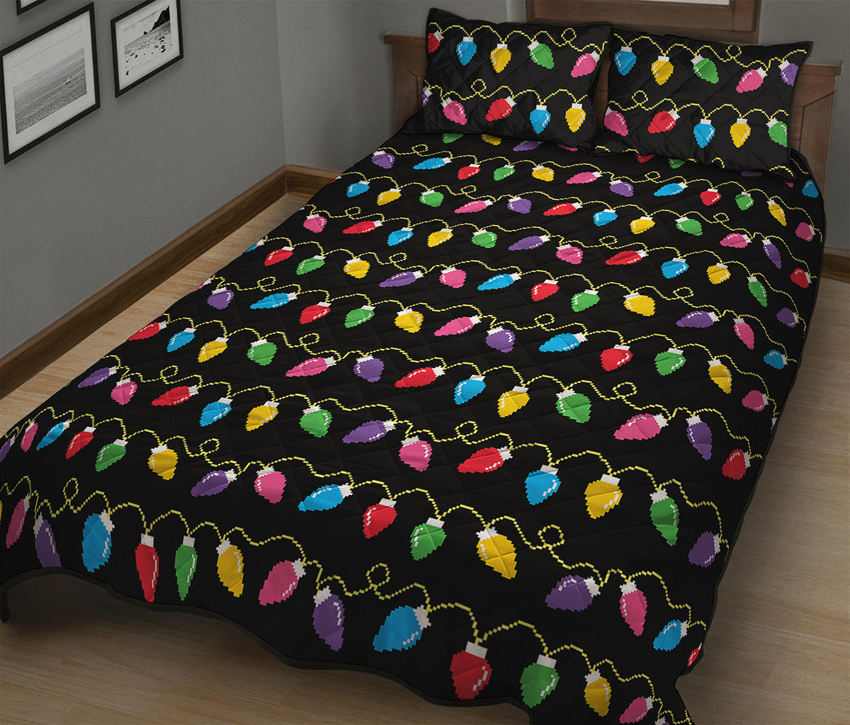 Pixel Christmas Lights Print Quilt Bed Set