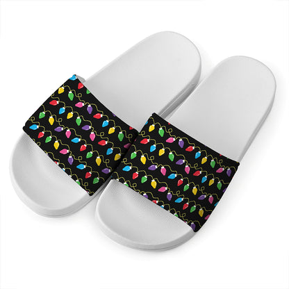 Pixel Christmas Lights Print White Slide Sandals