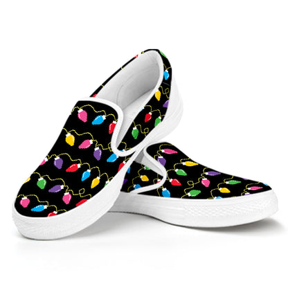 Pixel Christmas Lights Print White Slip On Shoes