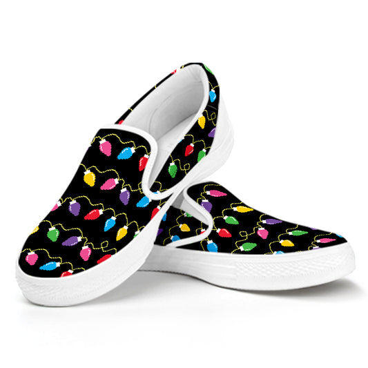 Pixel Christmas Lights Print White Slip On Shoes