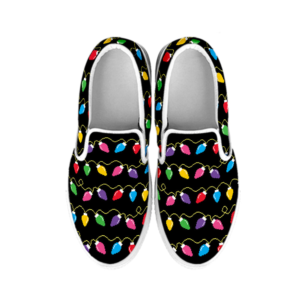 Pixel Christmas Lights Print White Slip On Shoes
