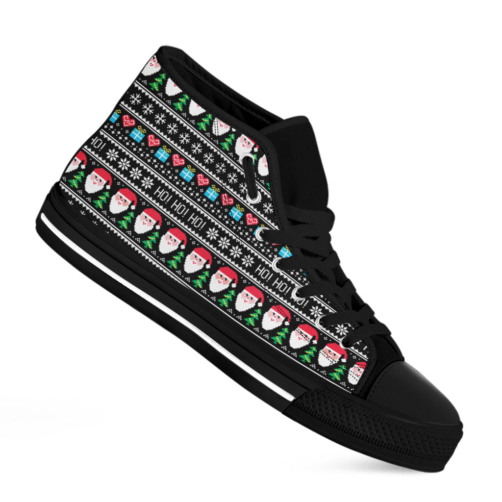 Pixel Christmas Santa Claus Print Black High Top Shoes