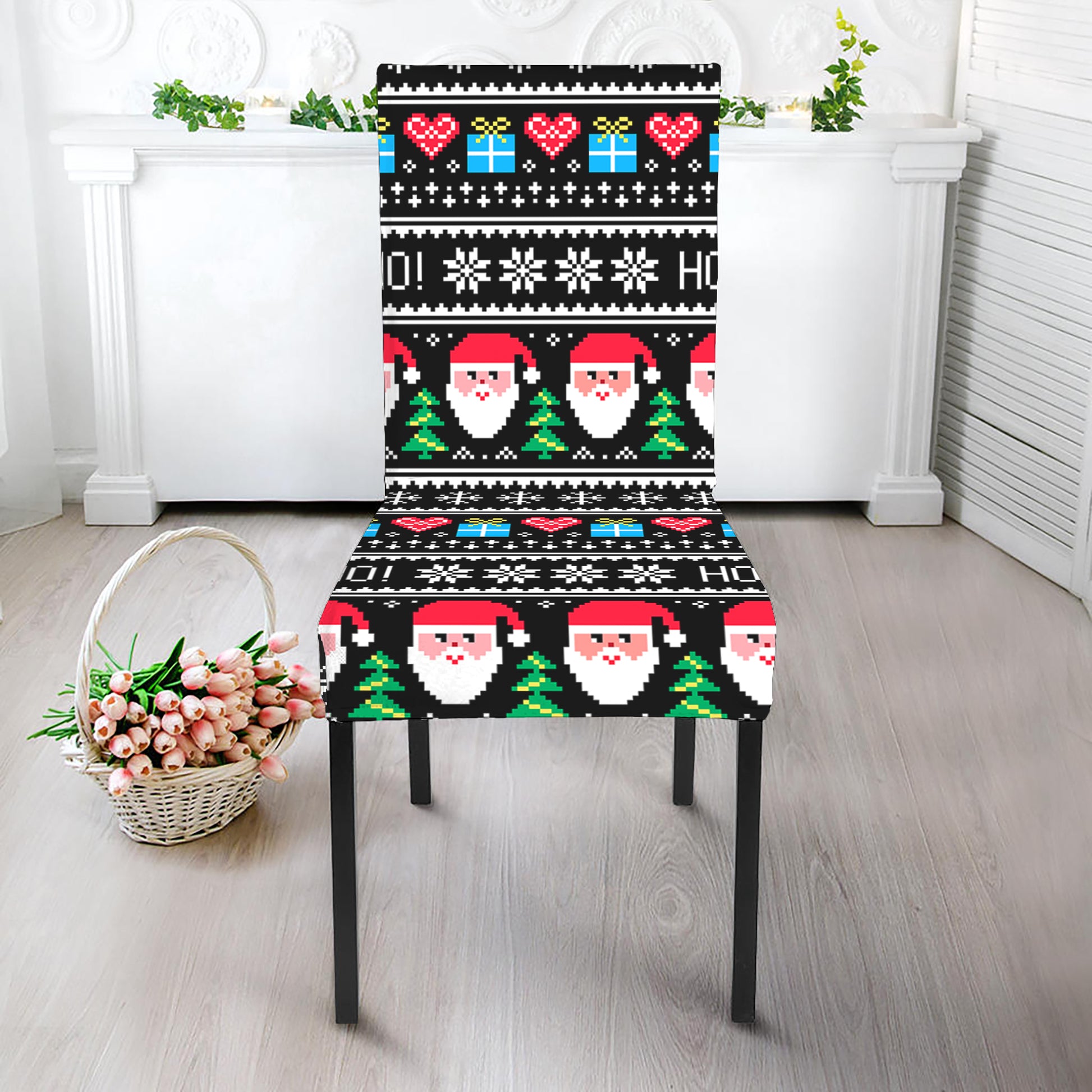 Pixel Christmas Santa Claus Print Dining Chair Slipcover