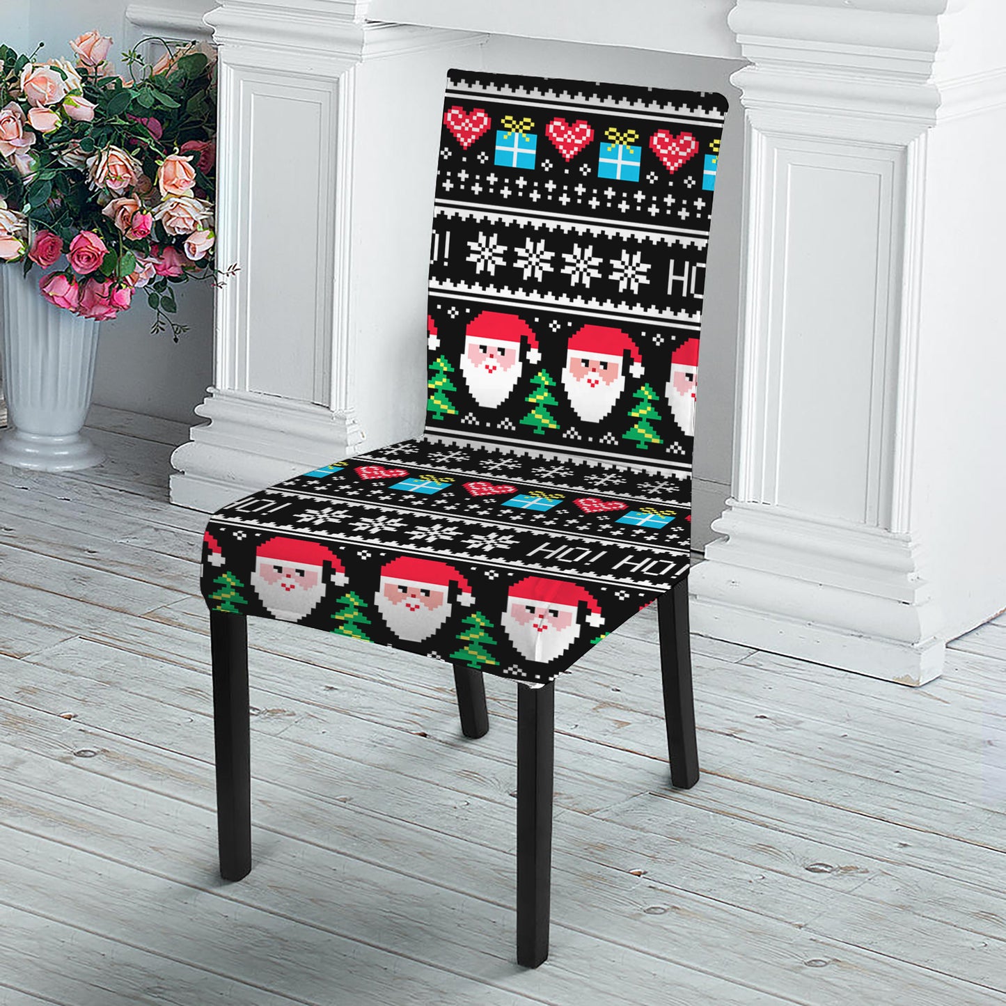 Pixel Christmas Santa Claus Print Dining Chair Slipcover
