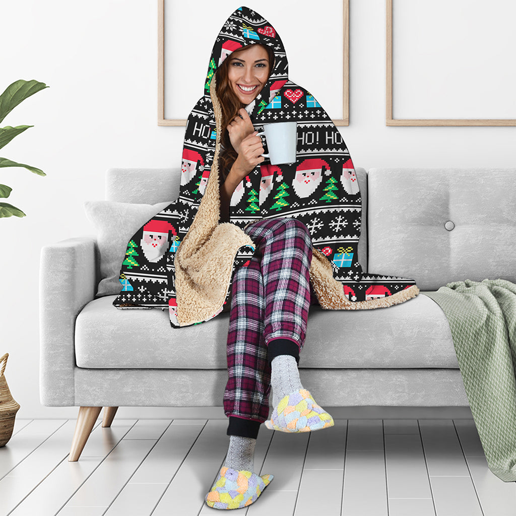 Pixel Christmas Santa Claus Print Hooded Blanket