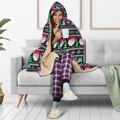 Pixel Christmas Santa Claus Print Hooded Blanket
