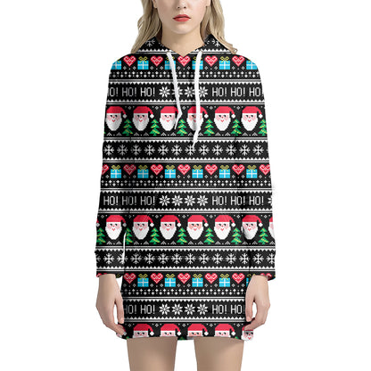 Pixel Christmas Santa Claus Print Hoodie Dress