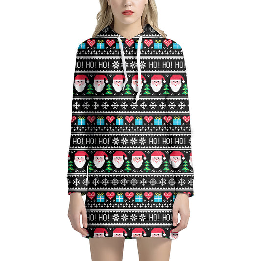 Pixel Christmas Santa Claus Print Hoodie Dress