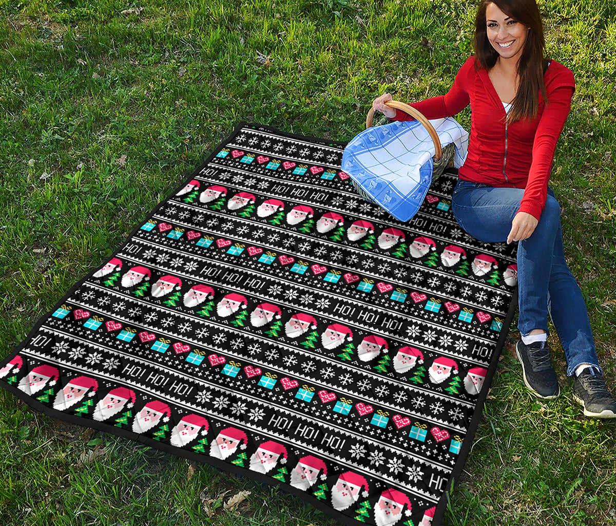 Pixel Christmas Santa Claus Print Quilt