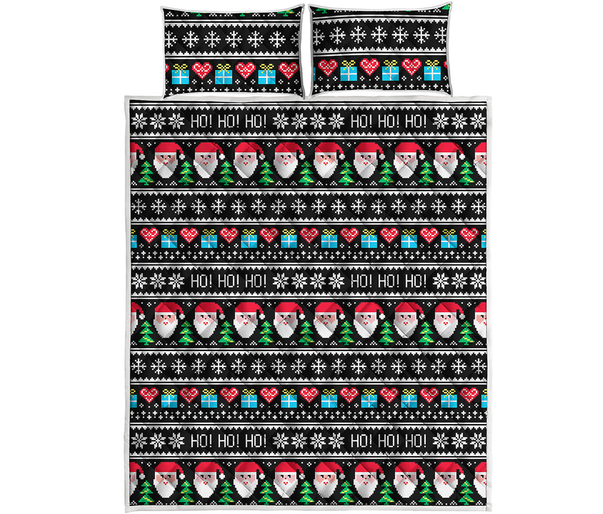 Pixel Christmas Santa Claus Print Quilt Bed Set