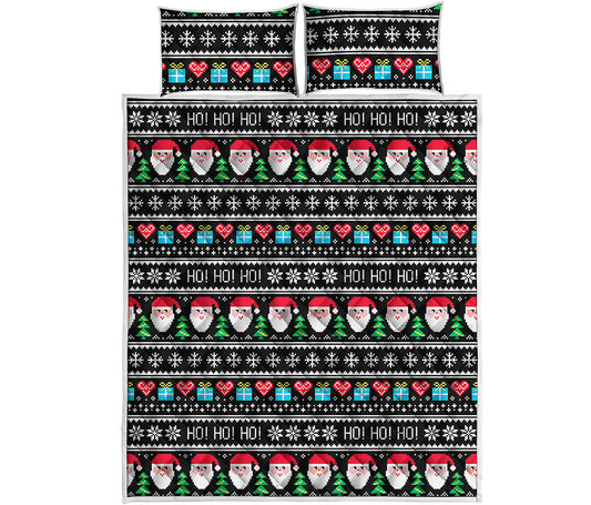 Pixel Christmas Santa Claus Print Quilt Bed Set