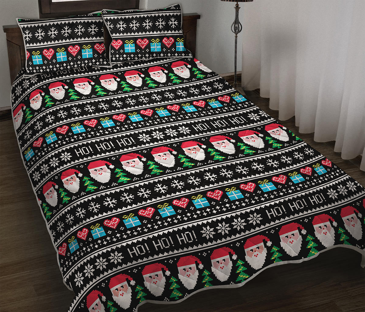 Pixel Christmas Santa Claus Print Quilt Bed Set