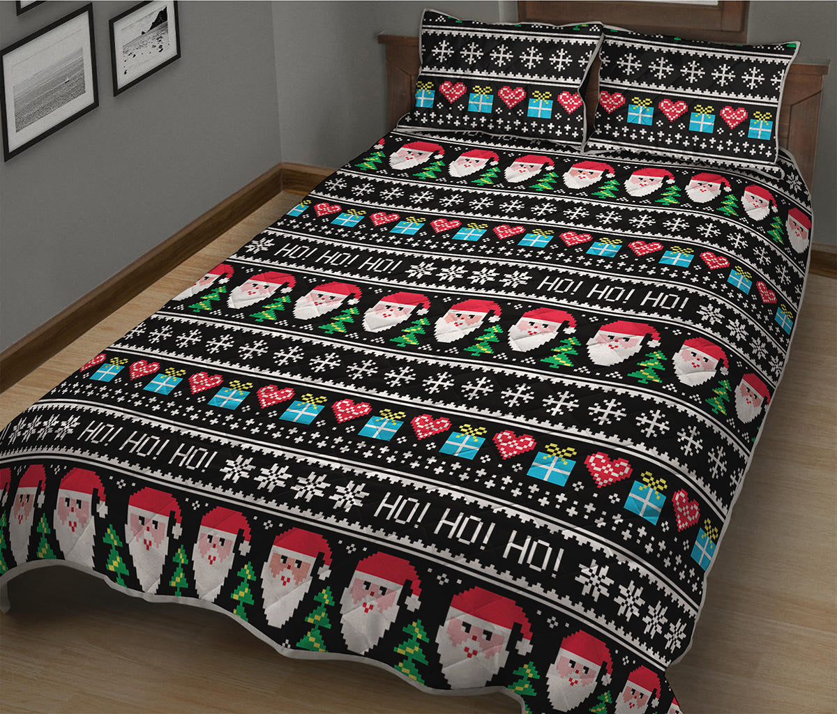 Pixel Christmas Santa Claus Print Quilt Bed Set