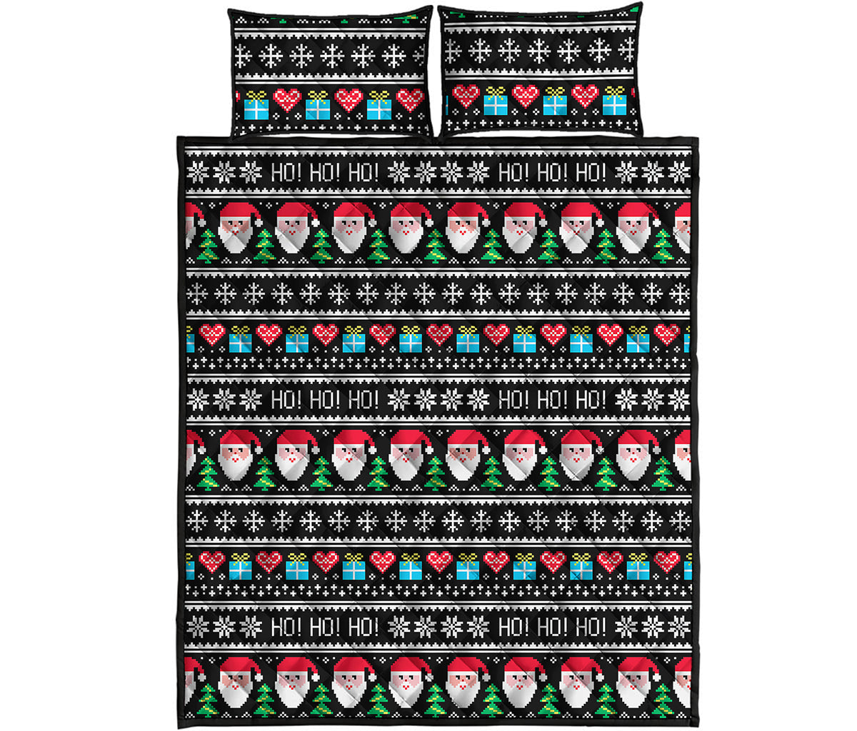 Pixel Christmas Santa Claus Print Quilt Bed Set