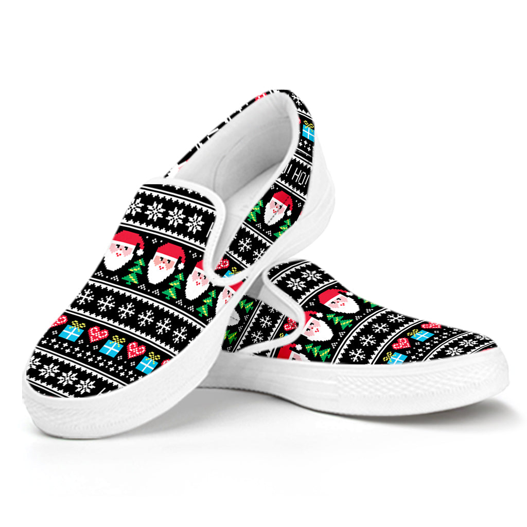 Pixel Christmas Santa Claus Print White Slip On Shoes