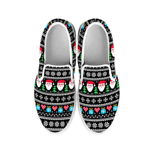 Pixel Christmas Santa Claus Print White Slip On Shoes