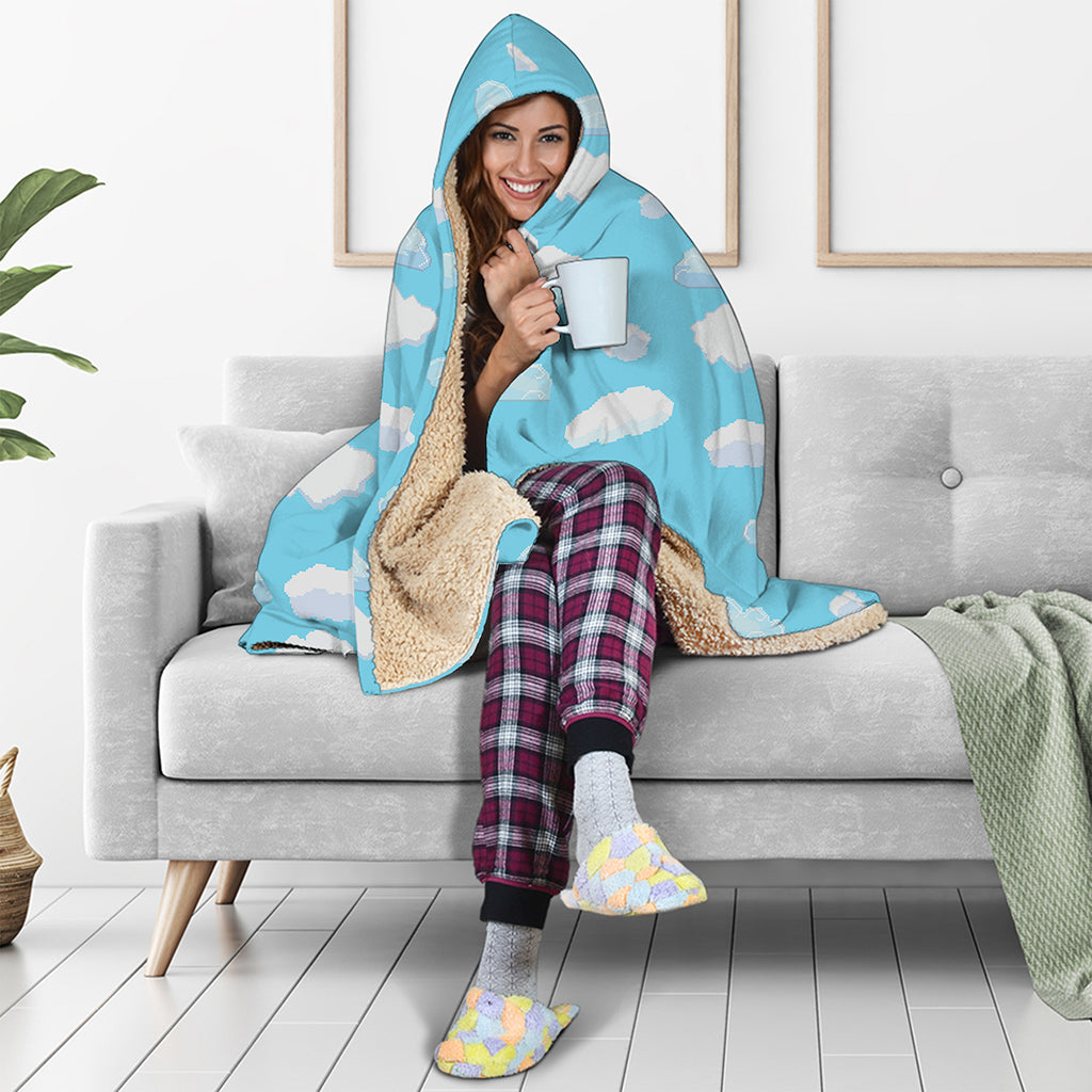 Pixel Cloud Pattern Print Hooded Blanket