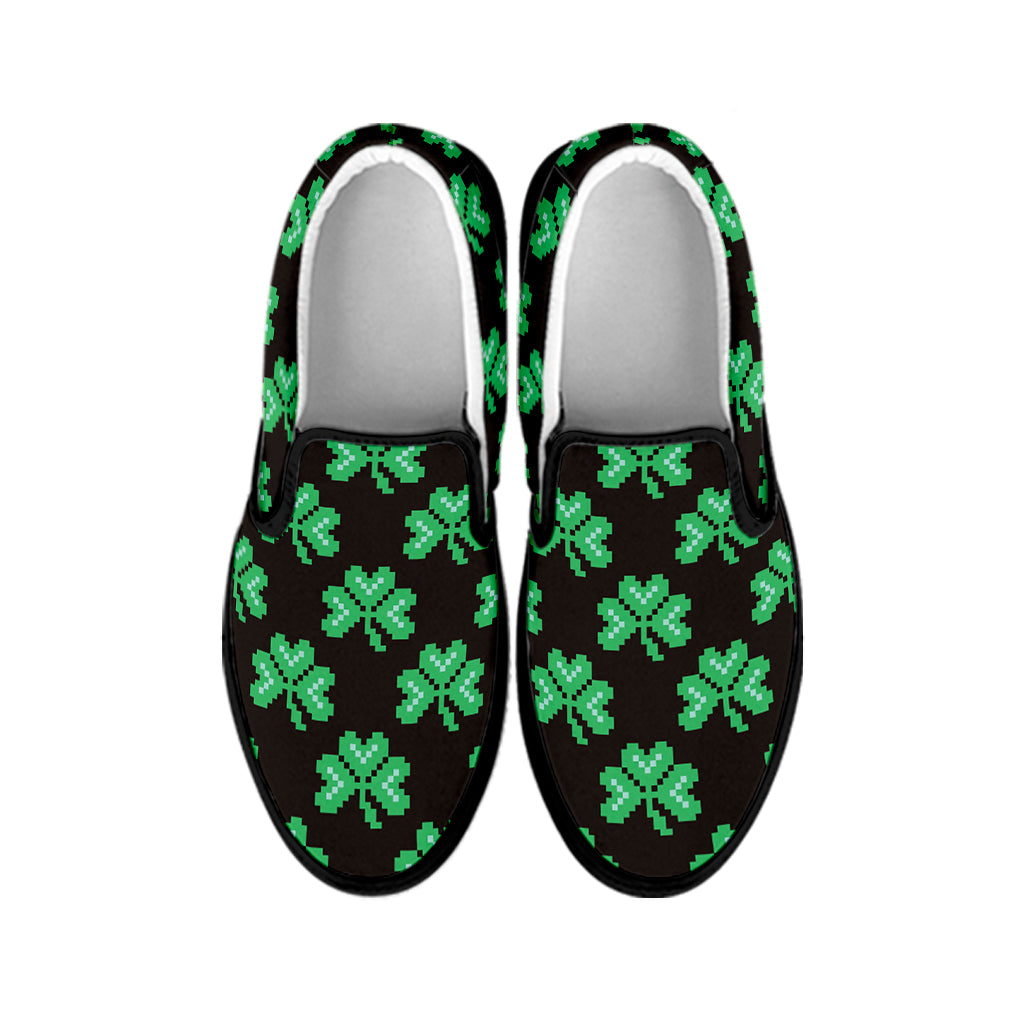 Pixel Clover St. Patrick's Day Print Black Slip On Shoes