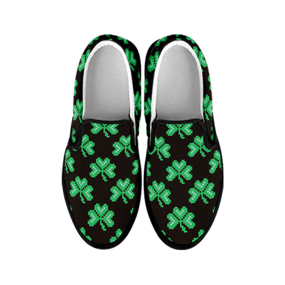 Pixel Clover St. Patrick's Day Print Black Slip On Shoes