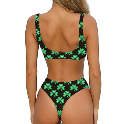 Pixel Clover St. Patrick's Day Print Front Bow Tie Bikini