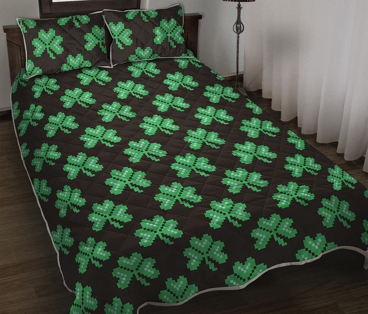 Pixel Clover St. Patrick's Day Print Quilt Bed Set