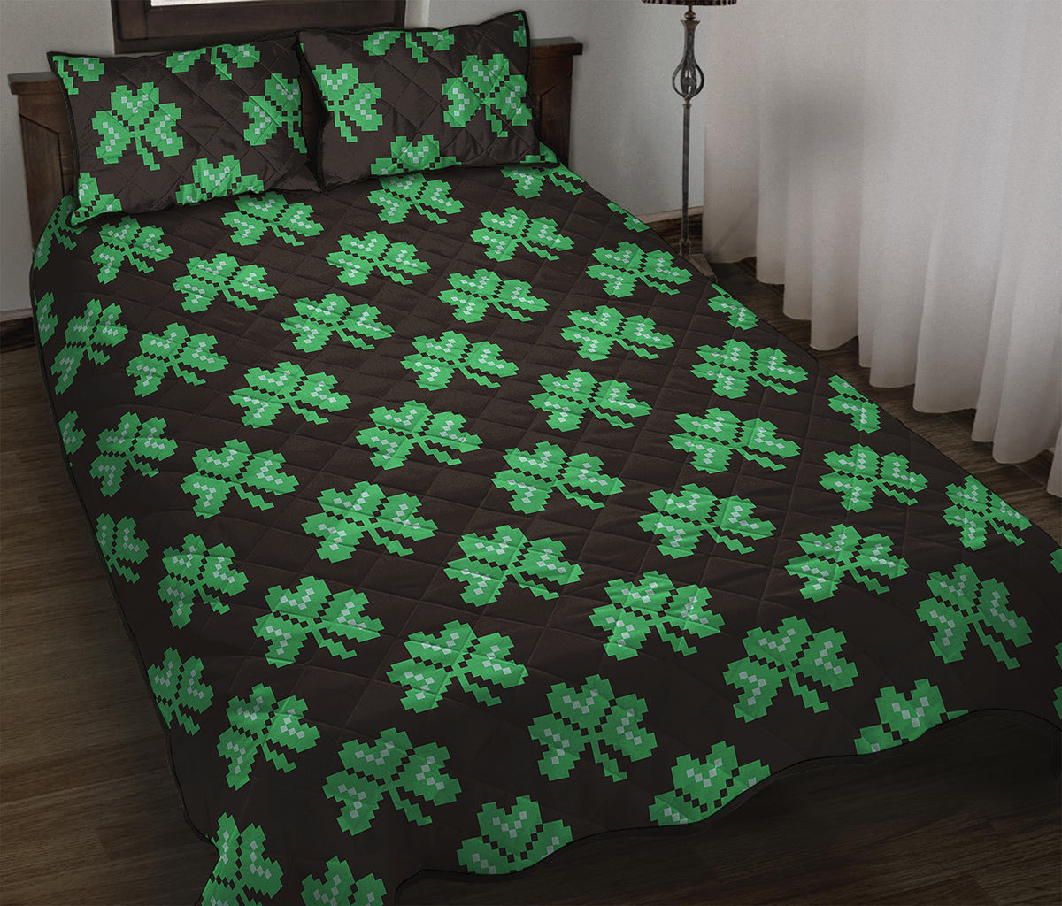 Pixel Clover St. Patrick's Day Print Quilt Bed Set