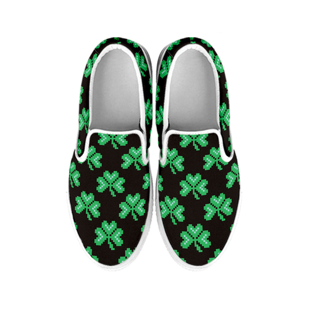 Pixel Clover St. Patrick's Day Print White Slip On Shoes
