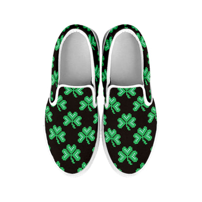 Pixel Clover St. Patrick's Day Print White Slip On Shoes