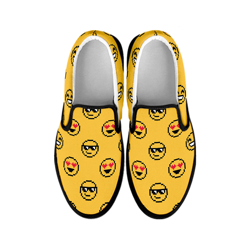 Pixel Emoji Pattern Print Black Slip On Shoes