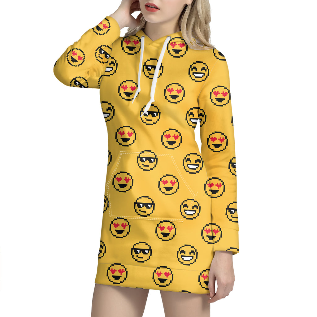 Pixel Emoji Pattern Print Hoodie Dress