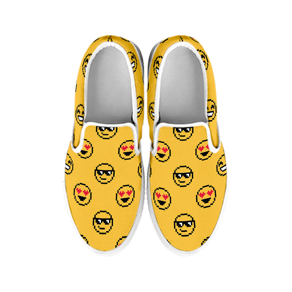 Pixel Emoji Pattern Print White Slip On Shoes