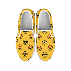 Pixel Emoji Pattern Print White Slip On Shoes