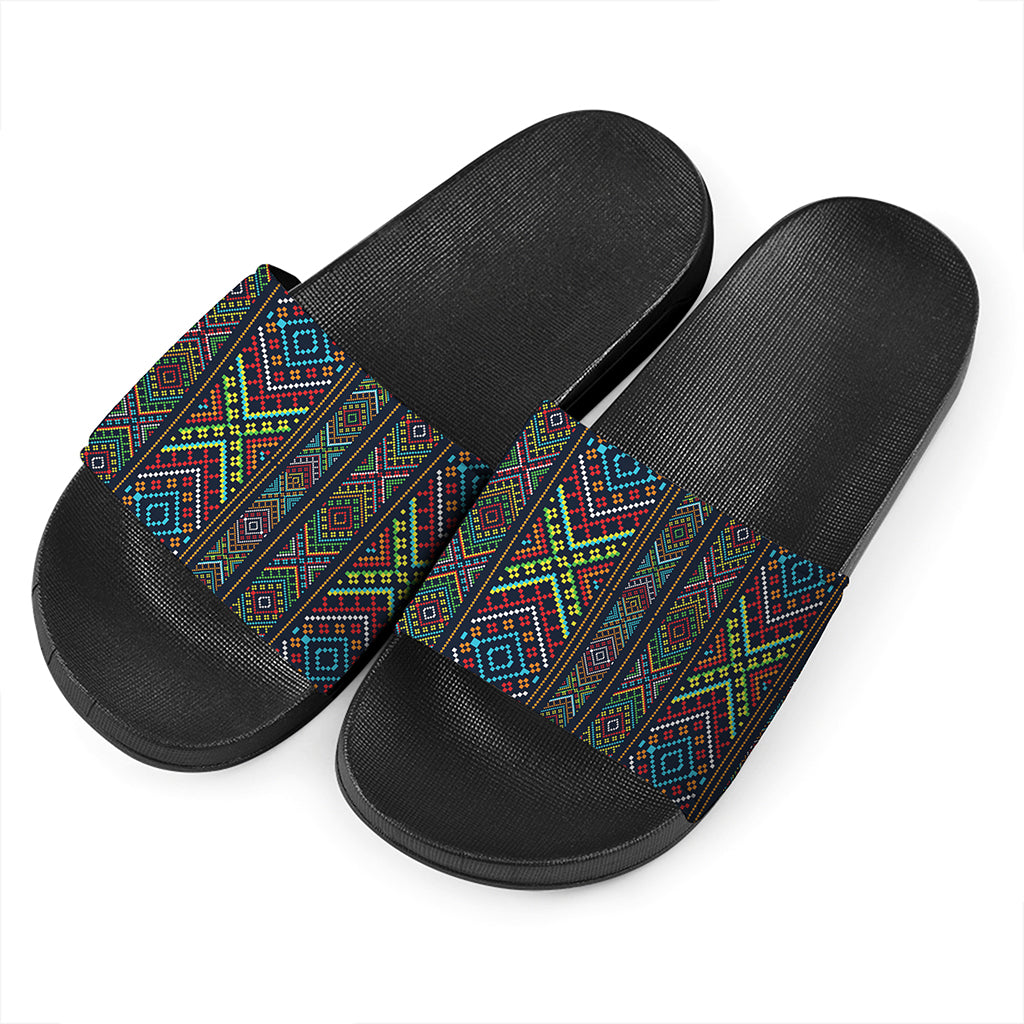 Pixel Ethnic Pattern Print Black Slide Sandals