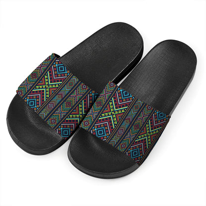Pixel Ethnic Pattern Print Black Slide Sandals