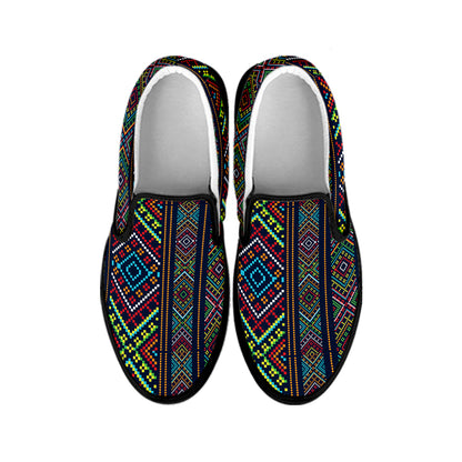 Pixel Ethnic Pattern Print Black Slip On Shoes