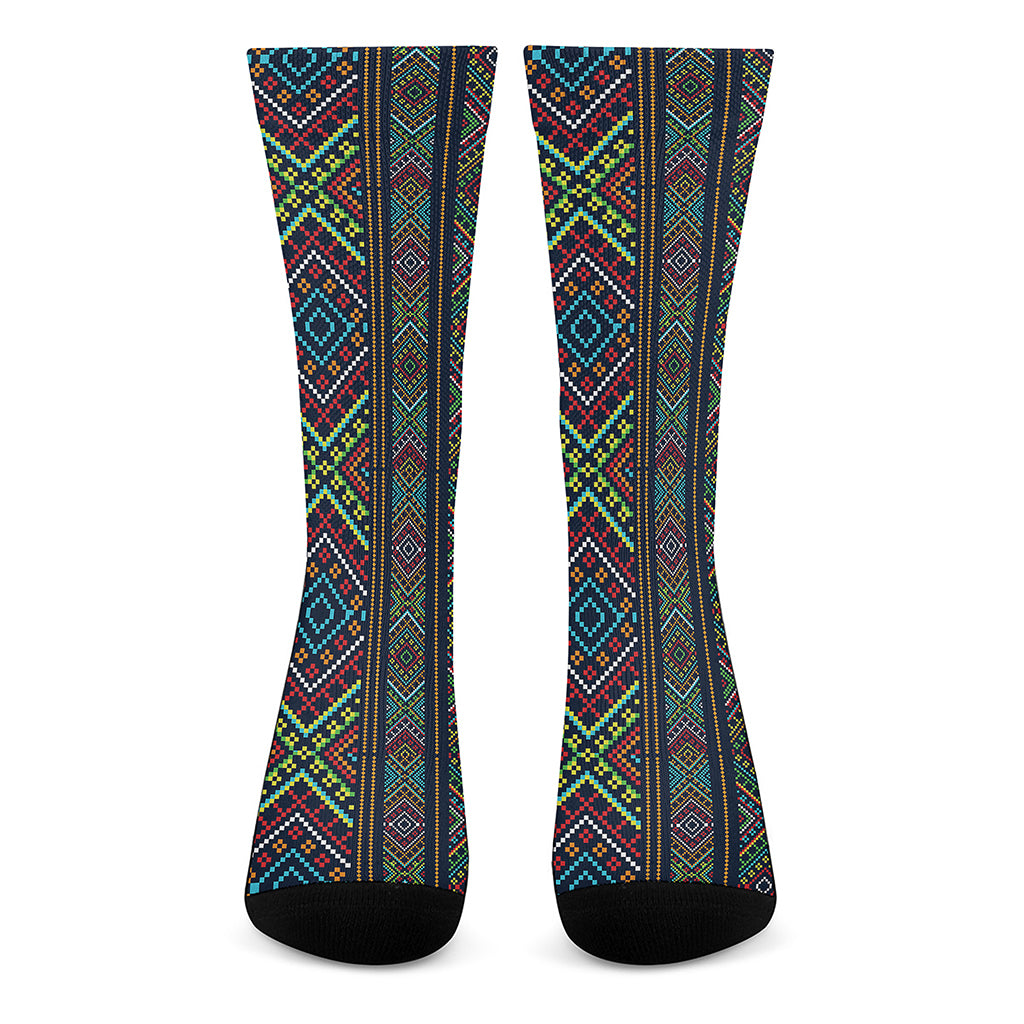 Pixel Ethnic Pattern Print Crew Socks